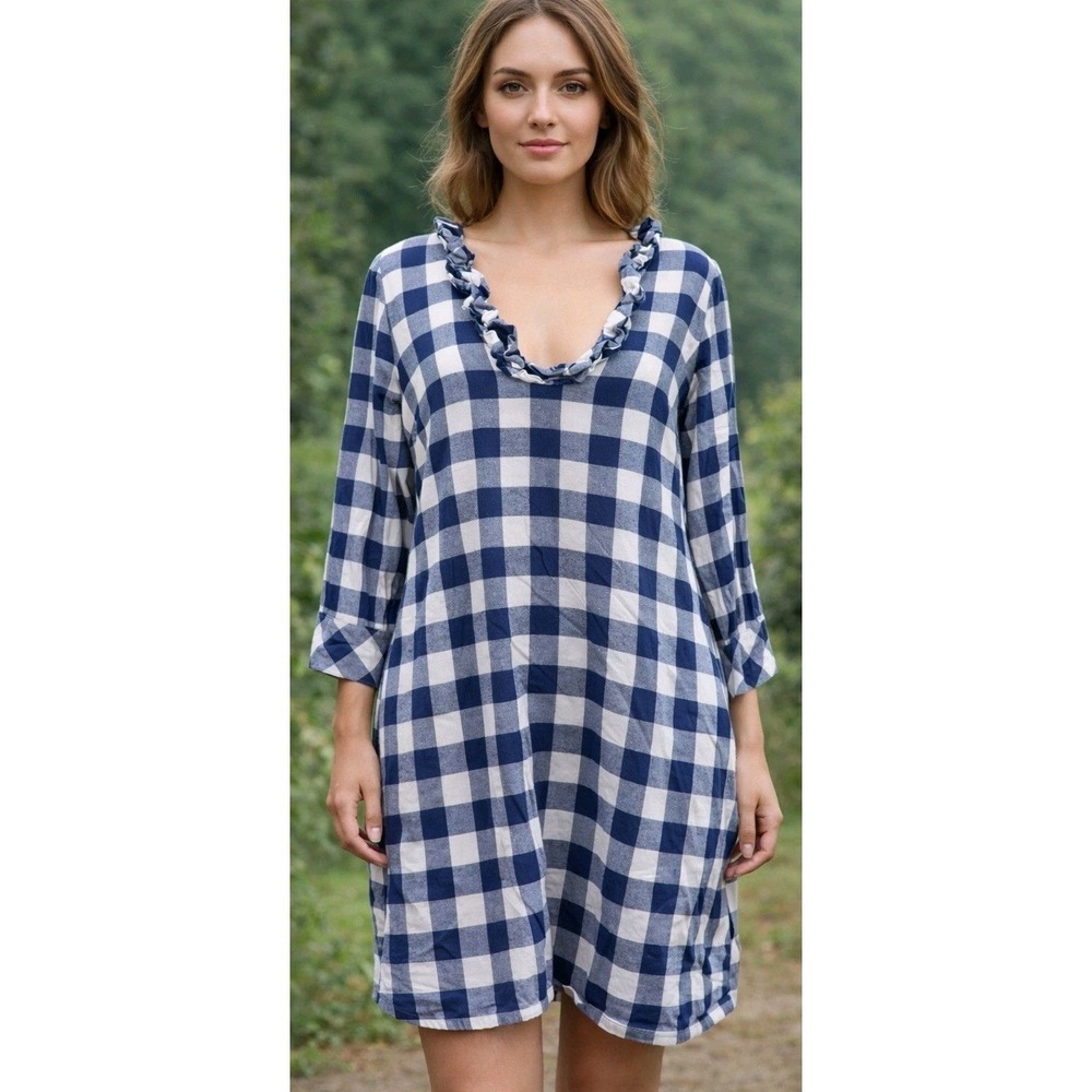 Vineyard Vines Plaid 3/4 Sleeve Ruffle Neck Dress Women's 8 Navy Blue White NWT